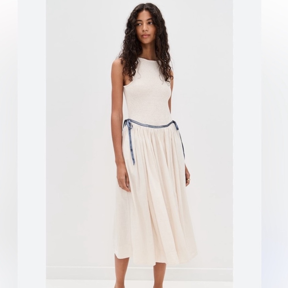 Free People Smocked Nightingale Solid Midi Dress Tea Navy Combo Cream Ivory, XL